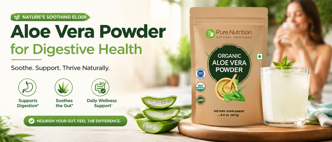 Fresh aloe vera leaves, inner aloe gel, and aloe vera powder for gut health