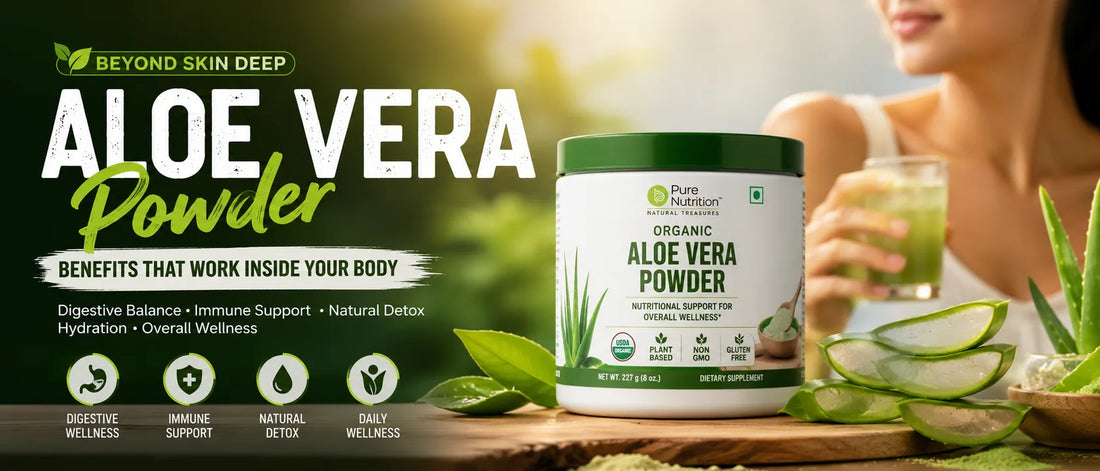 Aloe vera powder for digestive health beside fresh aloe leaves and a green wellness smoothie