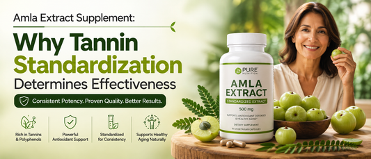 Adult holding a bottle of standardized amla extract supplement for healthy aging.