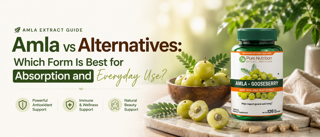 Woman comparing amla extract capsules, amla powder, and fresh amla for daily wellness