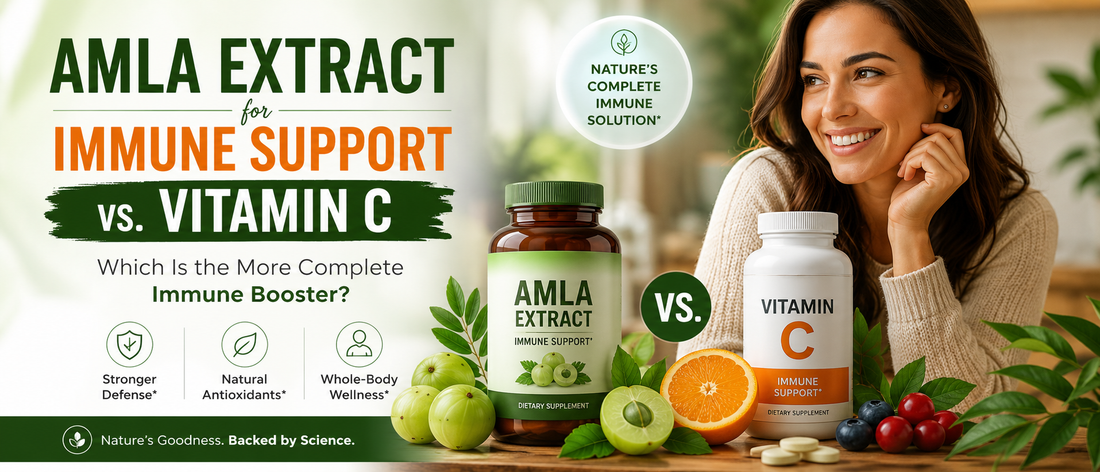 Healthy adult comparing amla extract for immune support with vitamin C supplements.