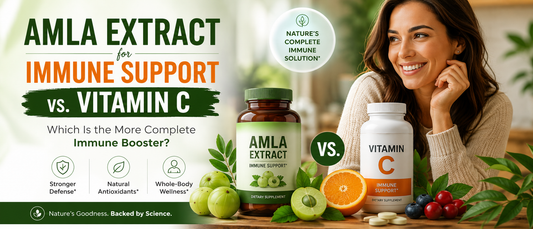 Healthy adult comparing amla extract for immune support with vitamin C supplements.