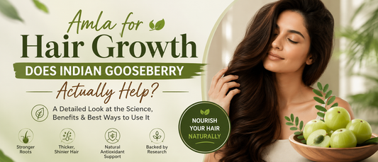 Woman holding healthy shiny hair after using amla for hair growth as part of a wellness routine.