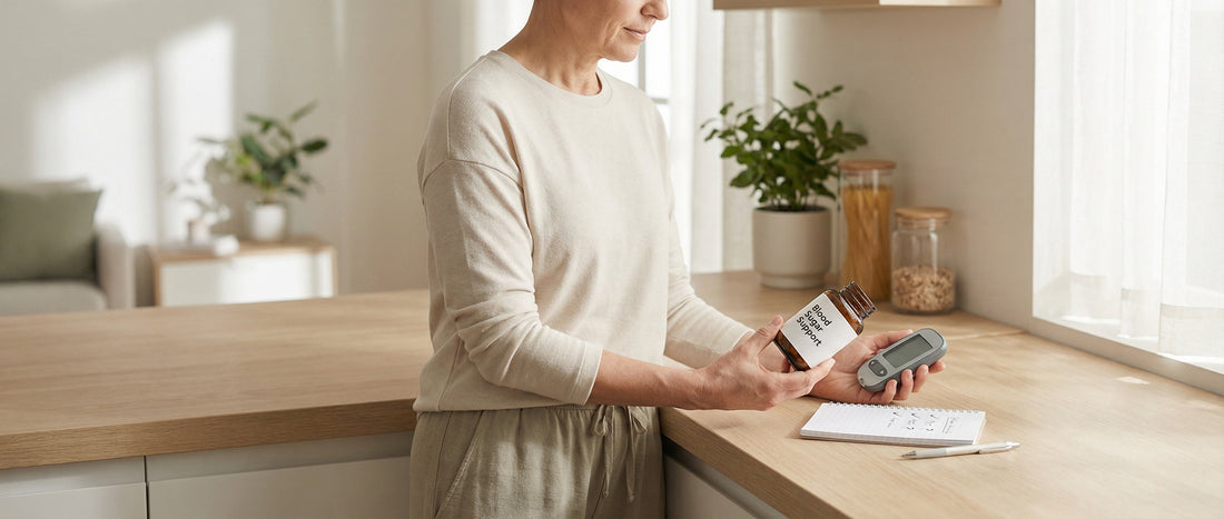 Adult reviewing a blood sugar support supplement label with a glucose monitor at home, illustrating safety considerations for daily supplement use