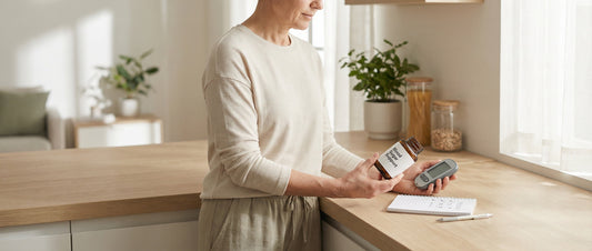 Adult reviewing a blood sugar support supplement label with a glucose monitor at home, illustrating safety considerations for daily supplement use