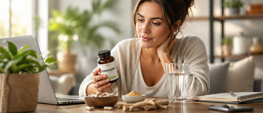 Woman reading an ashwagandha supplement label while relaxing at home
