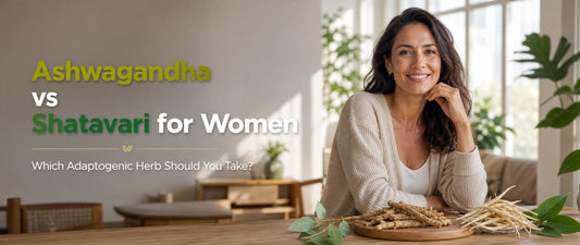 Woman comparing Ashwagandha and Shatavari supplements for women's wellness.
