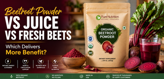 Organic beetroot powder beside fresh beets and beet juice for energy and stamina comparison