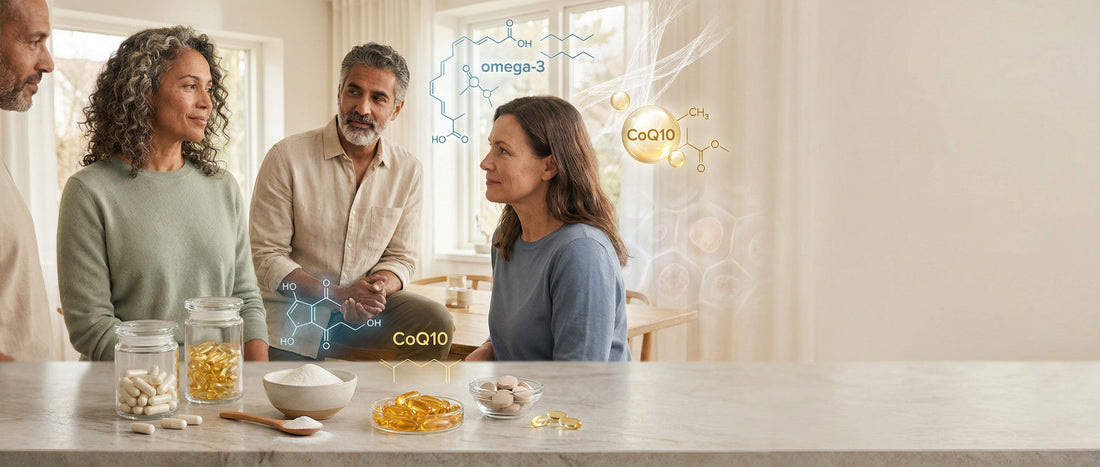 Educational illustration showing adults over 40 exploring age-related nutrition and supplement considerations in a calm, science-informed setting