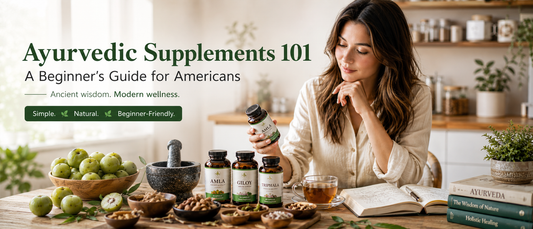 Beginner-friendly Ayurvedic supplements including amla, giloy, triphala, and noni displayed on a natural wooden surface