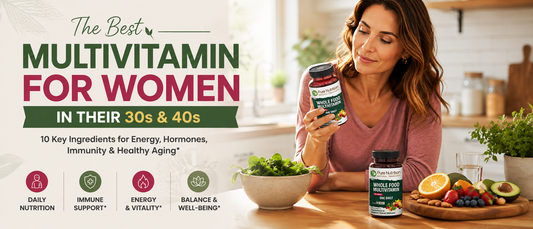 Woman in her 40s reviewing a multivitamin bottle and healthy foods at home  