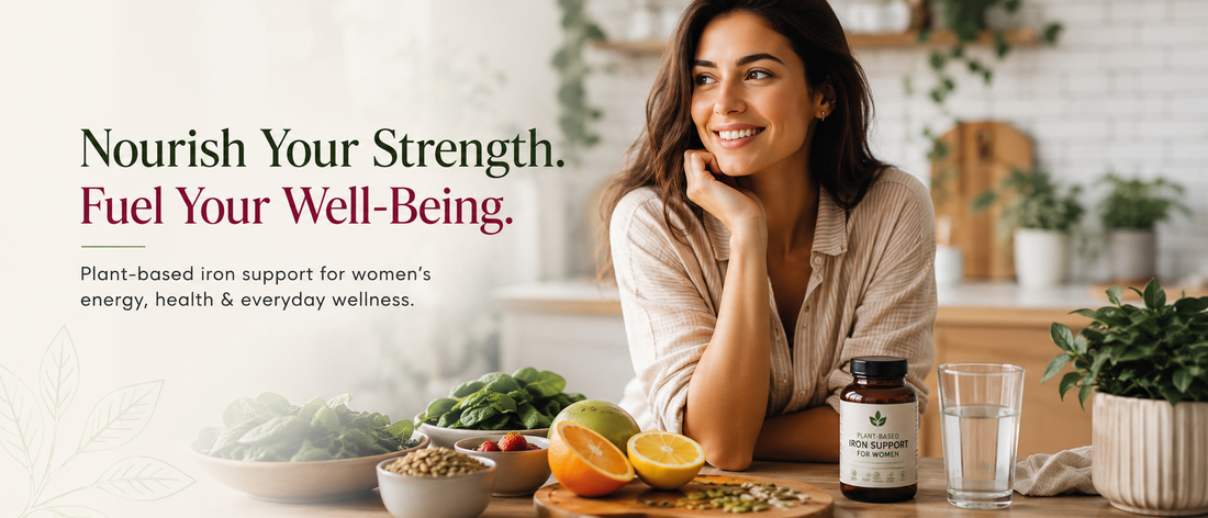 Woman holding plant-based iron supplement with healthy iron-rich foods on kitchen table