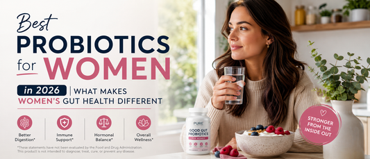 Woman choosing probiotics for women's gut health in a bright modern kitchen