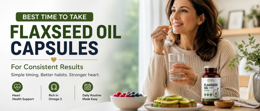 Adult taking flaxseed oil capsules with a healthy breakfast for heart health.