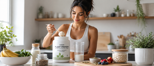 Woman preparing a clean soy-free vegan protein shake in a bright modern kitchen