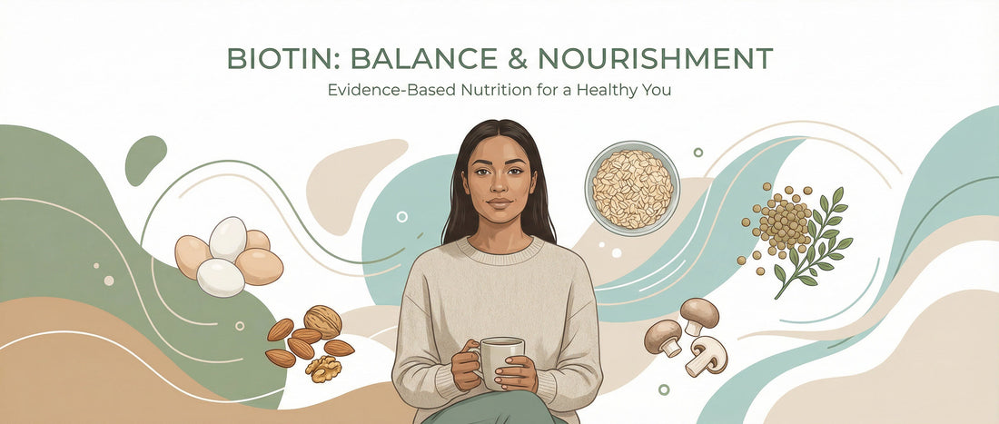 Illustration showing a healthy adult woman with biotin-rich foods like eggs, nuts, and whole grains, representing the role of biotin in everyday nutrition.