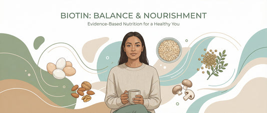 Illustration showing a healthy adult woman with biotin-rich foods like eggs, nuts, and whole grains, representing the role of biotin in everyday nutrition.