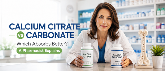 Pharmacist comparing calcium citrate vs calcium carbonate supplements for absorption and bone health