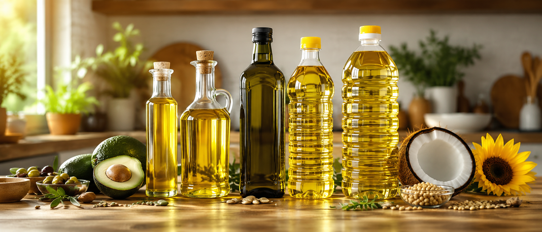 Cold pressed oils and regular cooking oils comparison on a modern kitchen counter