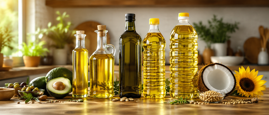 Cold pressed oils and regular cooking oils comparison on a modern kitchen counter