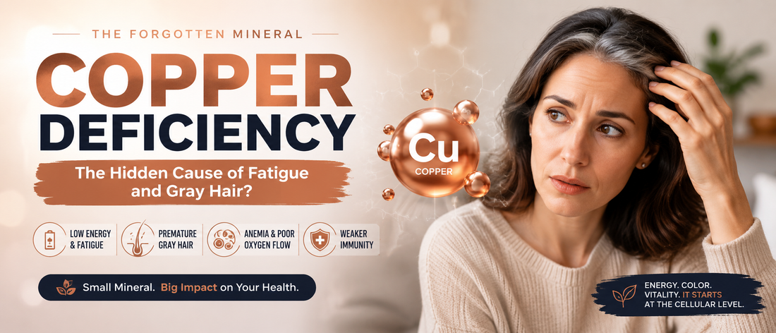 Middle-aged woman noticing premature gray hair while feeling fatigued, illustrating common copper deficiency symptoms