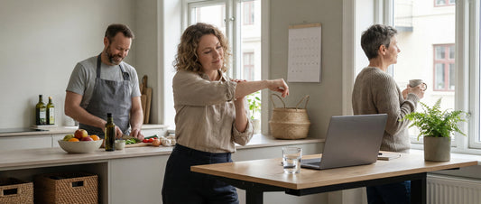 Busy adults practicing simple daily wellness habits at home and work in a realistic United States lifestyle setting