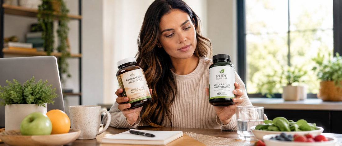 woman comparing Garden of Life and Pure Nutrition multivitamins at home