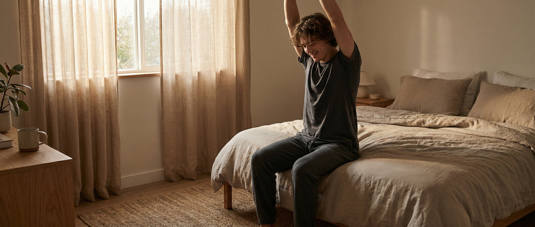 Calm early morning bedroom scene showing a US adult beginning the day after restful sleep, representing how sleep quality may support daily well-being and routine.