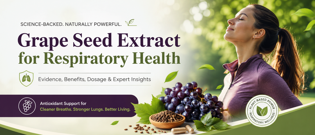 Healthy middle-aged woman enjoying fresh outdoor air while learning about grape seed extract for respiratory health.