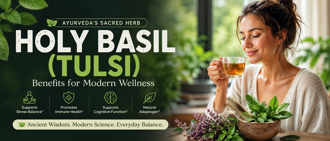 Healthy adult holding a cup of Tulsi tea while practicing a calm morning routine for holy basil for stress support.