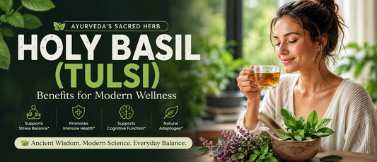 Healthy adult holding a cup of Tulsi tea while practicing a calm morning routine for holy basil for stress support.