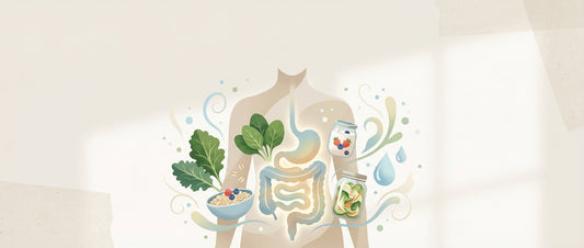 Editorial illustration showing natural lifestyle and dietary factors that may support gut health, including whole foods, digestion balance, and overall wellness.