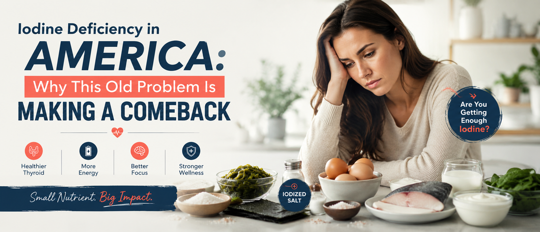 Middle-aged American woman experiencing fatigue while reviewing healthy foods rich in iodine, illustrating iodine deficiency in America and thyroid health concerns