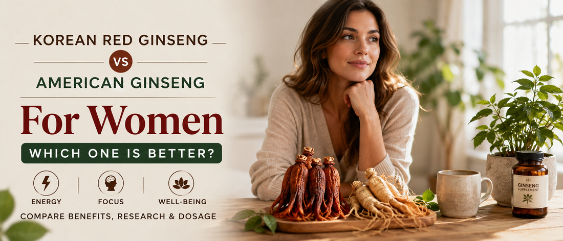 Woman comparing Korean red ginseng and American ginseng supplements for daily wellness
