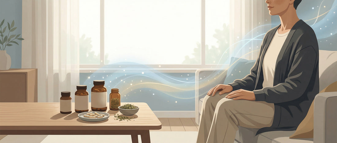 Educational visual showing supplements commonly researched for low energy and fatigue in adults, presented in a calm and neutral wellness setting.