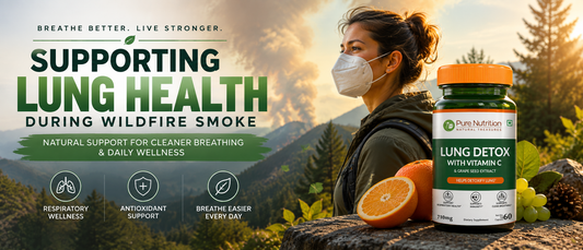 Adult wearing an N95 mask outdoors during wildfire smoke while supporting lung health with healthy daily habits.