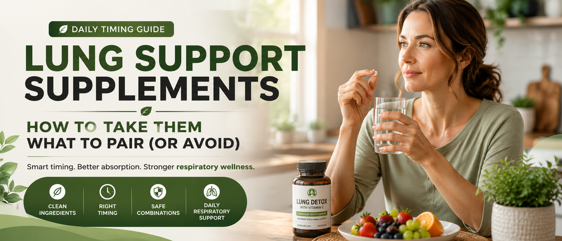 Adult taking lung health supplements with water after a meal