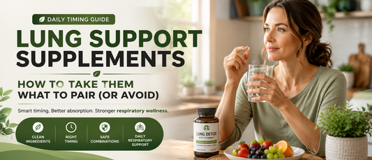 Adult taking lung health supplements with water after a meal
