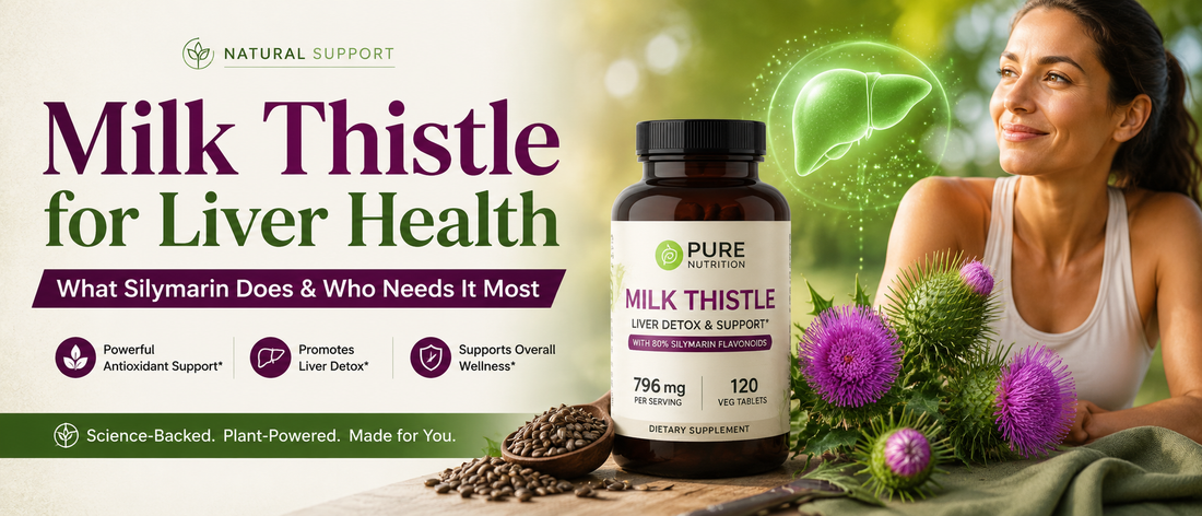 Adult holding a bottle of milk thistle supplement while preparing a healthy breakfast for liver health support.