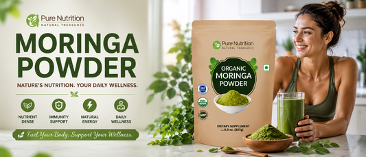 Woman preparing an organic moringa powder smoothie for daily wellness in a modern kitchen.