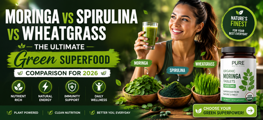 Healthy woman comparing moringa, spirulina and wheatgrass for daily wellness
