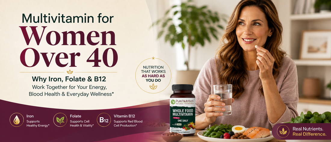 Woman over 40 reviewing a multivitamin with iron, folate and B12  
