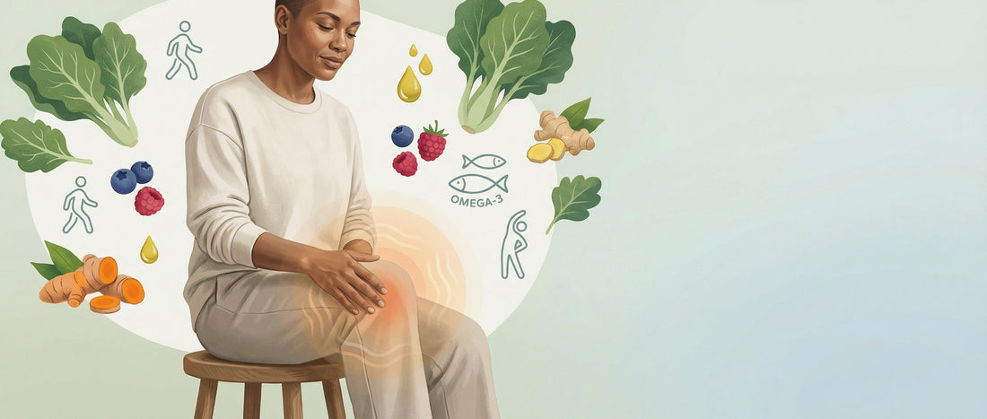 Editorial illustration showing an adult gently holding a knee joint, surrounded by natural foods and lifestyle elements commonly associated with inflammation awareness, presented in a calm and educational wellness context.
