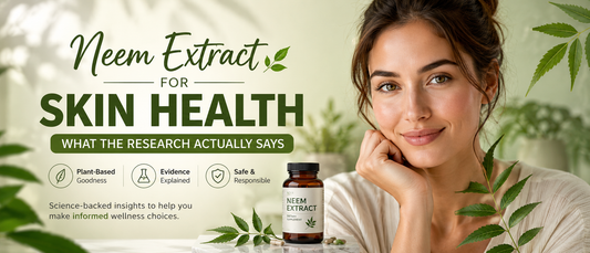 Woman holding neem extract supplement while caring for healthy skin.