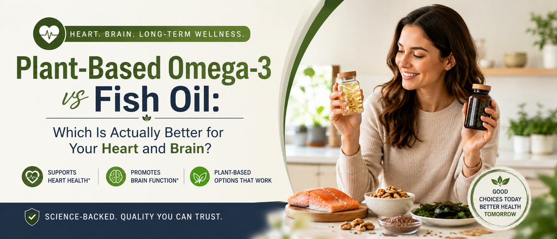Middle-aged adults comparing fish oil and plant-based omega-3 supplements for heart health