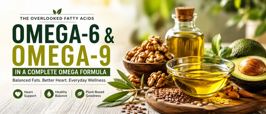 Omega 6 and omega 9 for heart health with olive oil, seeds, nuts, avocado and plant-based omega foods