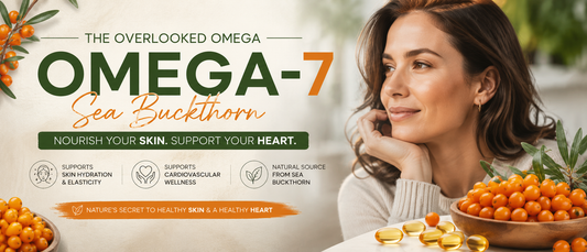 Healthy middle-aged woman holding sea buckthorn berries representing omega-7 for skin and heart health