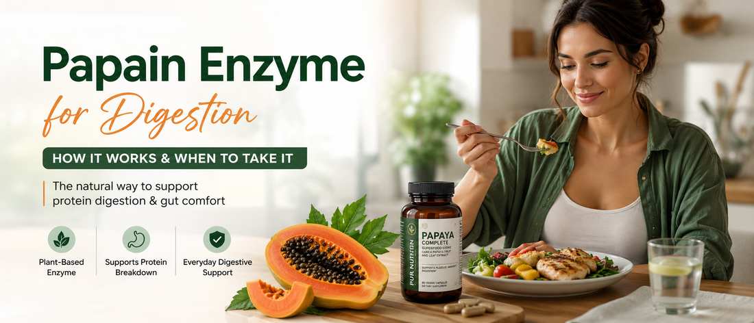 Papain enzyme for digestion represented by fresh papaya, a supplement capsule, and a healthy meal