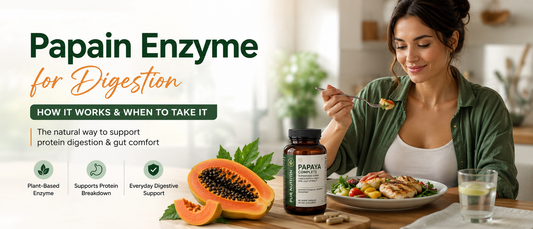 Papain enzyme for digestion represented by fresh papaya, a supplement capsule, and a healthy meal