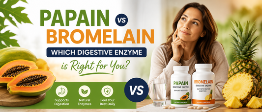 Adult comparing papaya and pineapple supplements for digestive health.